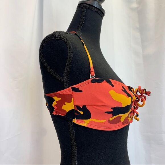 Malibu dream girl orange camo eyelet Lace-up bandeau bikini top Sz S NWOT - Picture 6 of 12